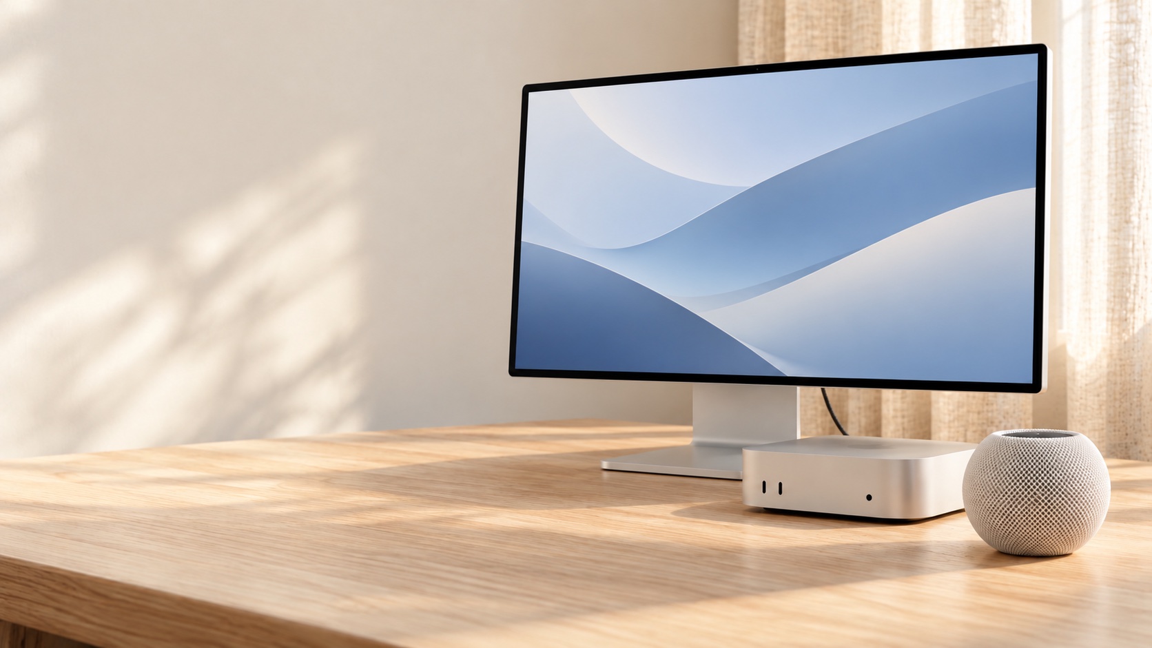 晨光中的显示器、Mac mini 与白色 HomePod mini，置于浅木色桌面